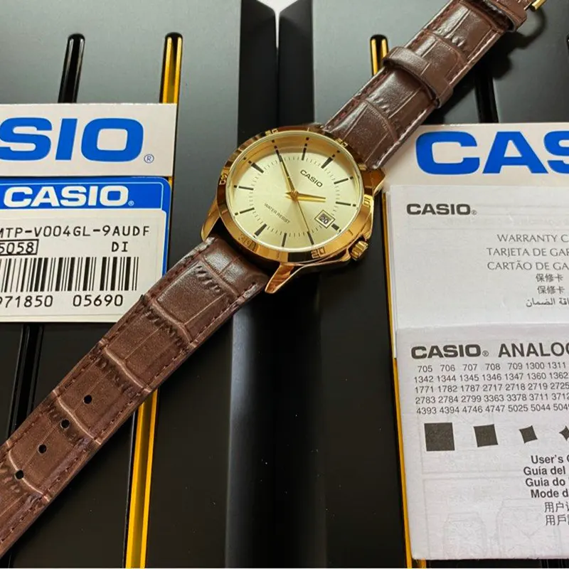 Casio Gold Dial Brown Leather Men's Watch- MTP-V004GL-9A